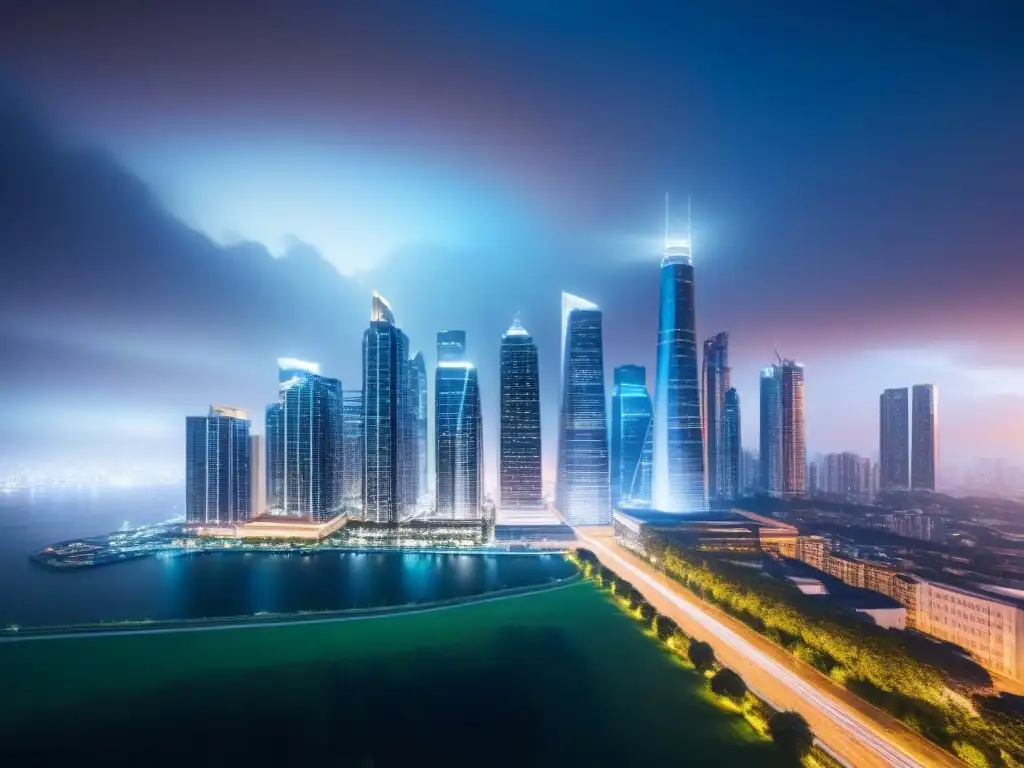 Skyline futurista: oportunidades REITs en un vistazo Horizonte moderno iluminado, símbolo de oportunidades REITs mercado inmobiliario