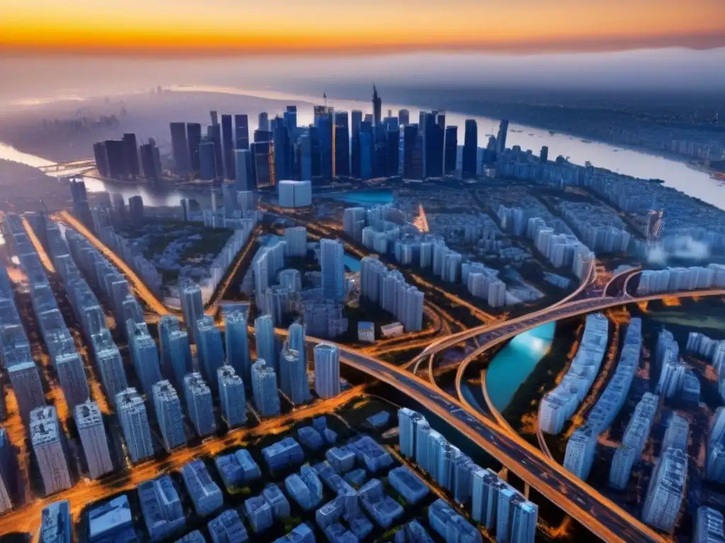 Metrópolis dorada: luces y sombras del mercado inmobiliario global Un horizonte moderno con rascacielos majestuosos y una red de carreteras y puentes, bañados por la luz dorada del atardecer
