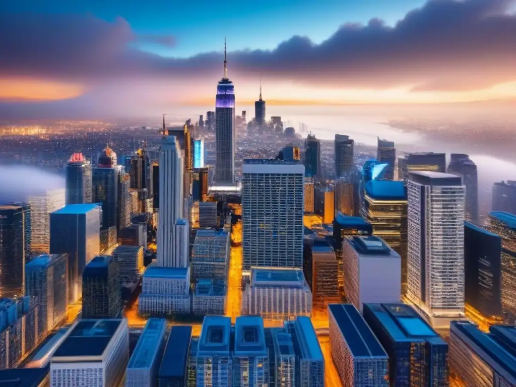 Skyline futurista: PropTech en edificios iluminados Horizonte nocturno de ciudad futurista con rascacielos iluminados y tecnología PropTech integrada