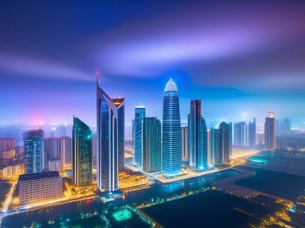 Skyline nocturno: fusión arquitectónica entre tradición y modernidad Horizonte nocturno vibrante y futurista con rascacielos iluminados en colores dinámicos, fusionando arquitectura tradicional y moderna