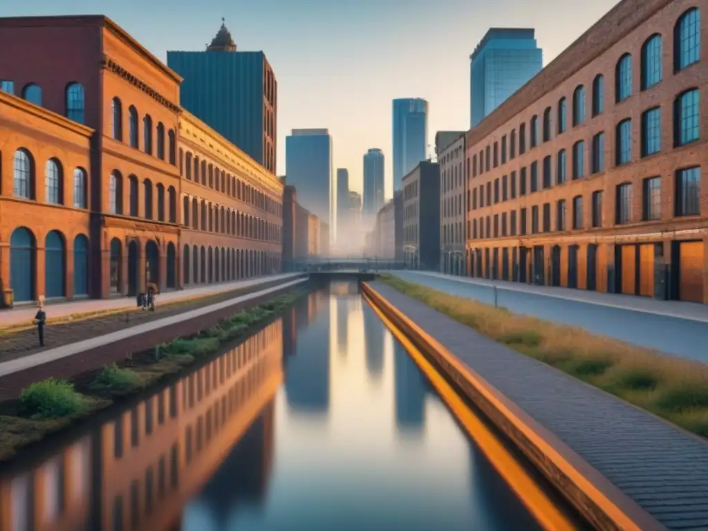 Renacimiento urbano: ciudad postindustrial en evolución Un horizonte postindustrial bullicioso con edificios antiguos transformados en espacios modernos, reflejando la evolución urbana