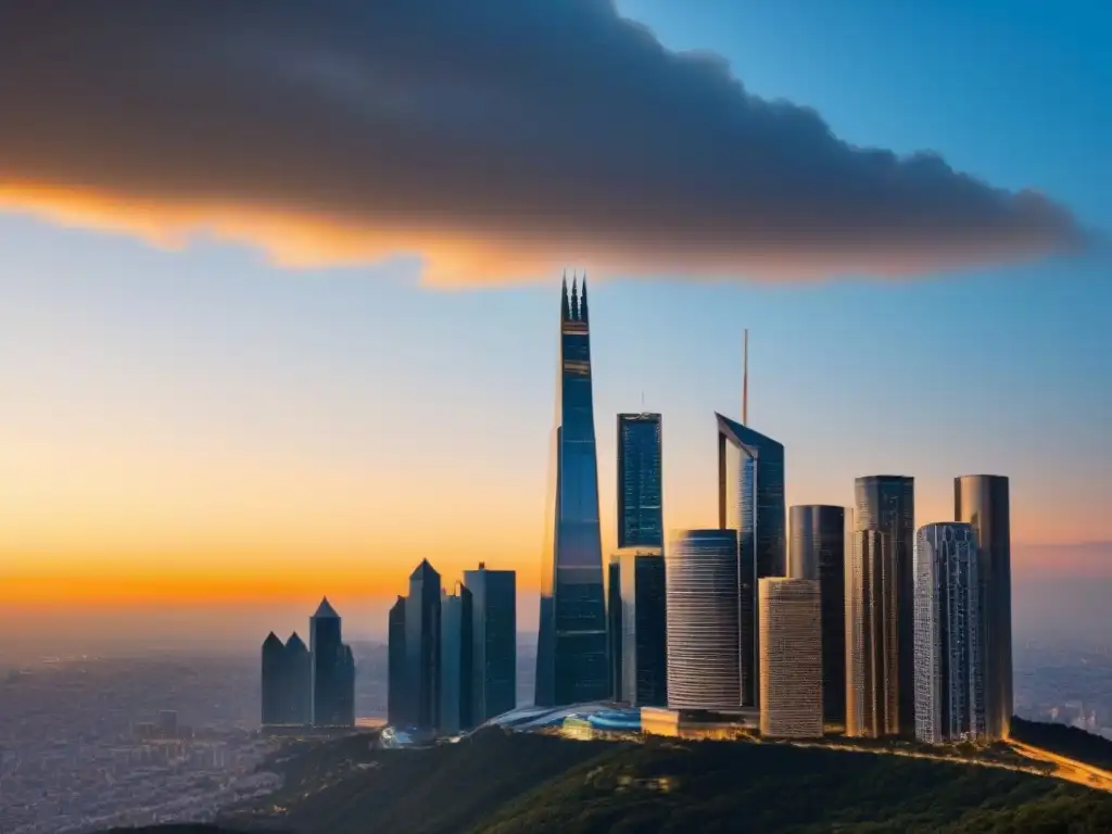 Horizonte urbano al atardecer: oportunidades de inversión inmobiliaria Horizonte de rascacielos modernos al atardecer, iluminados por la luz dorada, reflejando la ciudad