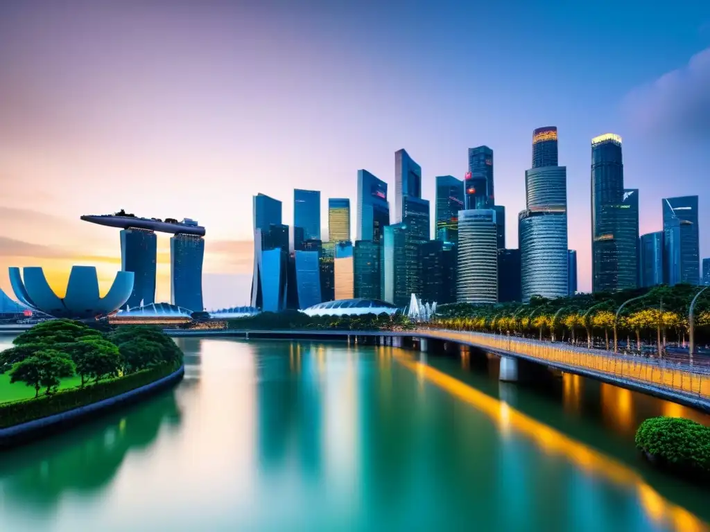 Horizonte de Singapur al atardecer: lujo y modernidad Un horizonte de Singapur al anochecer, con rascacielos relucientes reflejando la luz del sol, puentes futuristas y vegetación