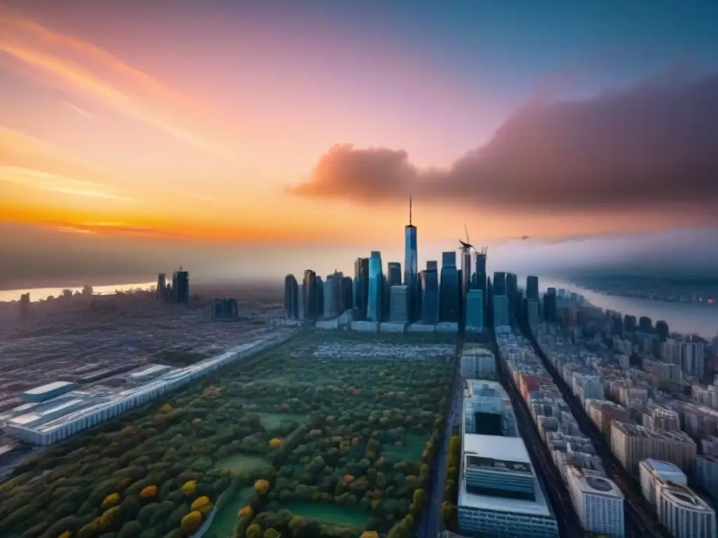 Puesta de sol en la ciudad: reflejo de diversidad y progreso urbano Un horizonte urbano al atardecer, con rascacielos modernos y gente diversa en las calles