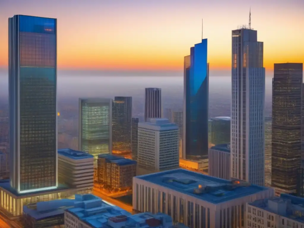Horizonte urbano al atardecer: jóvenes inversores en acción Un horizonte urbano al atardecer con rascacielos modernos y jóvenes internacionales
