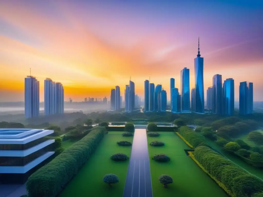 Horizonte urbano vibrante: fusión de arquitectura tradicional y moderna Un horizonte urbano bullicioso con rascacielos reflejando los colores vibrantes de un atardecer, rodeado de parques verdes y moderna infraestructura