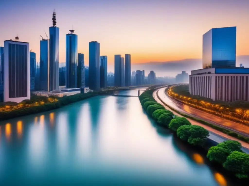 Horizonte urbano: crecimiento y oportunidades en la ciudad Un horizonte urbano bullicioso al anochecer, con rascacielos modernos iluminados y reflejados en un río