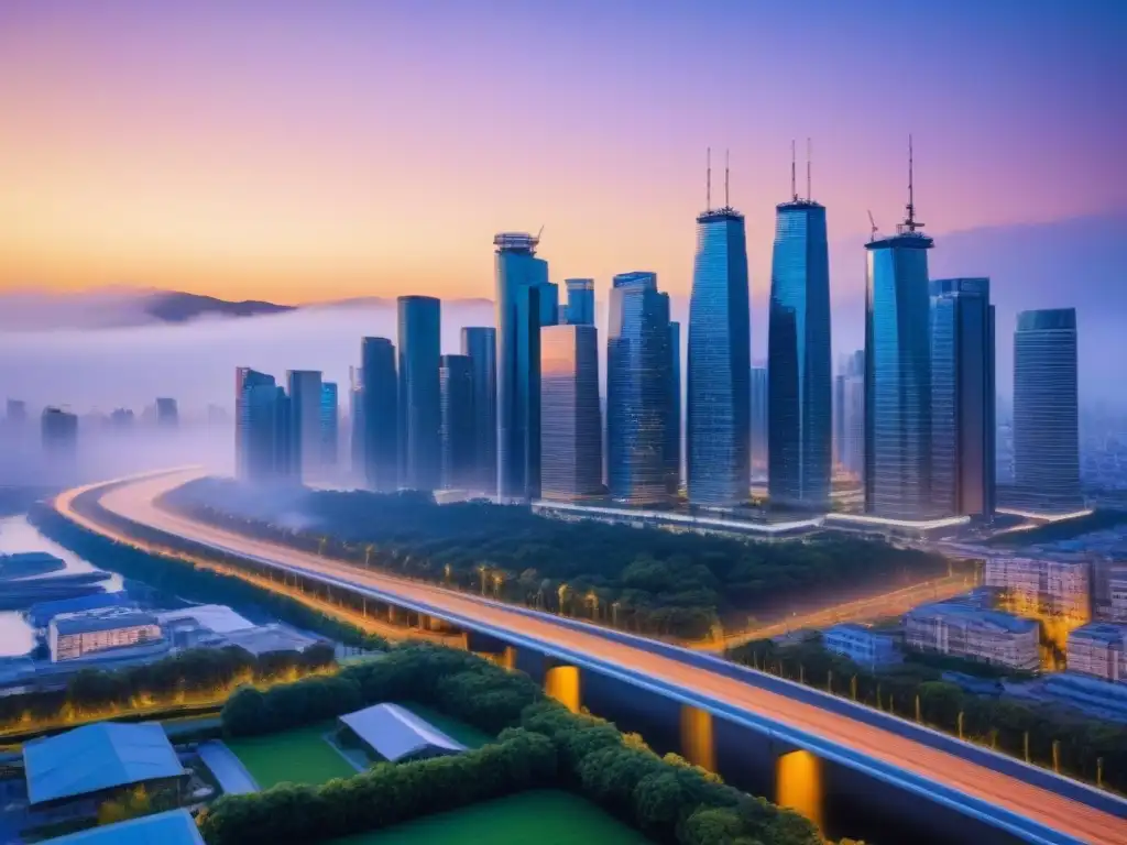 Metrópolis futurista: modernidad y oportunidades de inversión Un horizonte urbano contemporáneo iluminado al anochecer, reflejando la energía vibrante de la vida urbana
