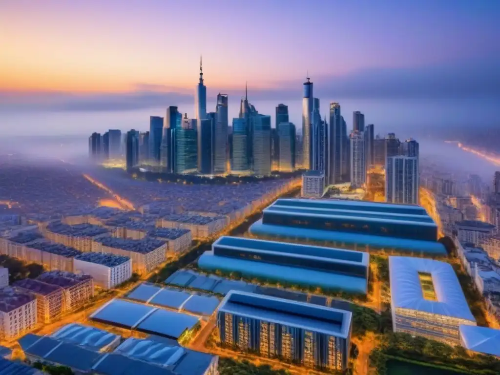 Skyline urbano al atardecer: innovación arquitectónica y diversidad en acción Un horizonte urbano detallado al anochecer con edificios comerciales y residenciales innovadores iluminados