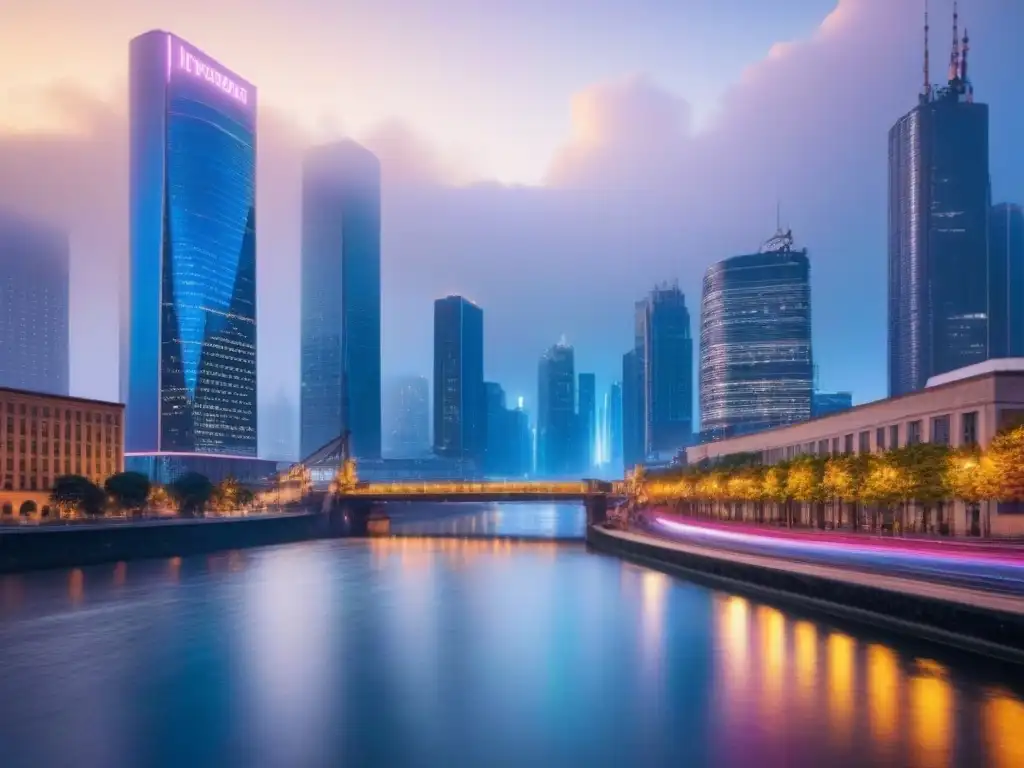 Horizonte urbano: fusión post-merger de arquitectura moderna e histórica Un horizonte urbano dinámico al atardecer, con rascacielos iluminados por luces de neón, reflejándose en un río