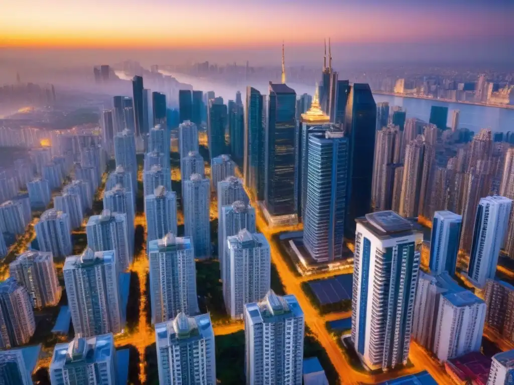 Horizonte urbano al atardecer: mercado inmobiliario internacional en auge Un horizonte urbano dinámico con rascacielos modernos y edificios residenciales al atardecer, reflejando el mercado inmobiliario internacional