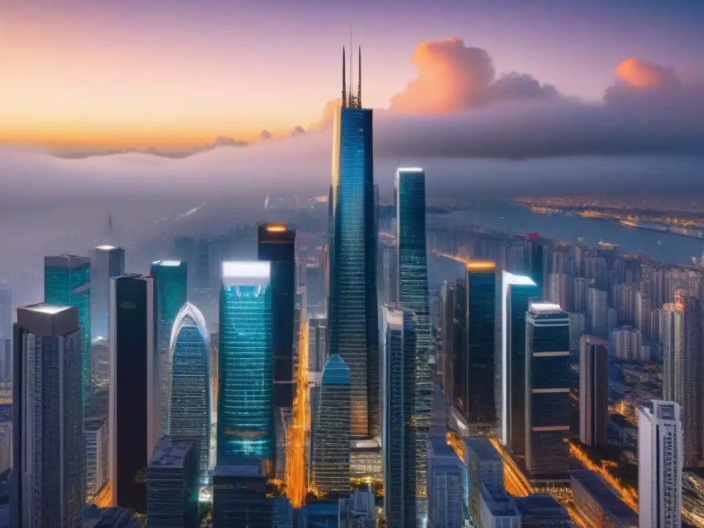 Skyline futurista: evolución inmobiliaria en mercados emergentes Un horizonte urbano dinámico con rascacielos modernos en mercados emergentes fusionados