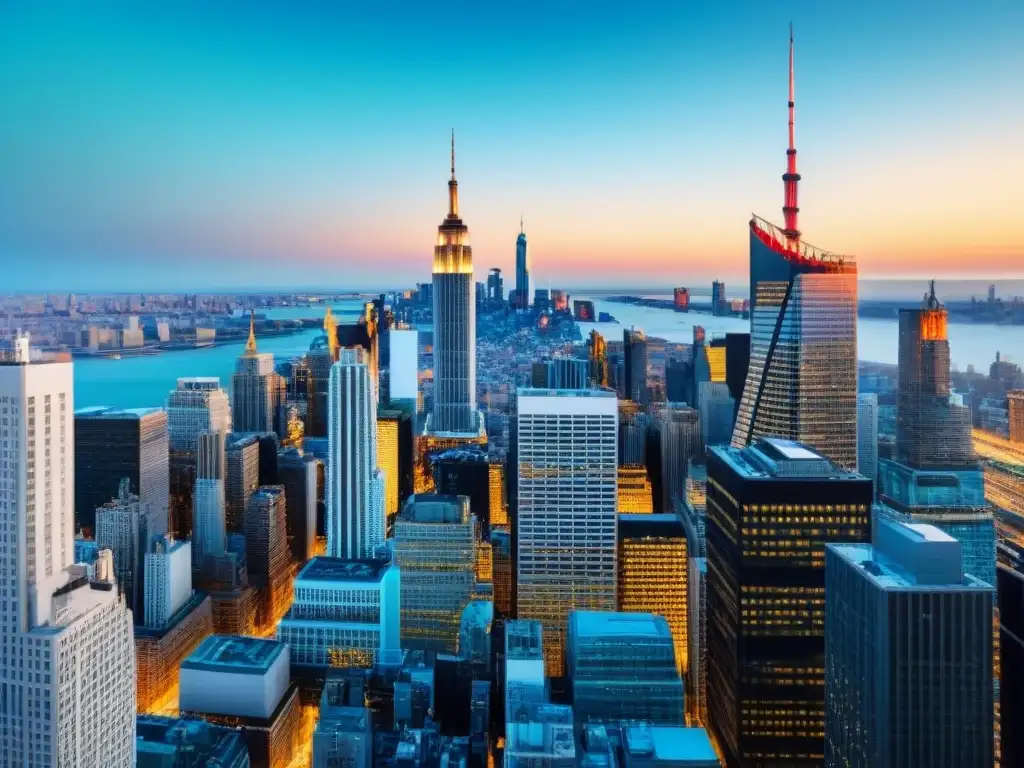 Horizonte financiero global: rascacielos y diversidad arquitectónica Un horizonte urbano diverso y moderno, simbolizando inversiones internacionales con un banco futurista y emblemáticos edificios de diferentes países