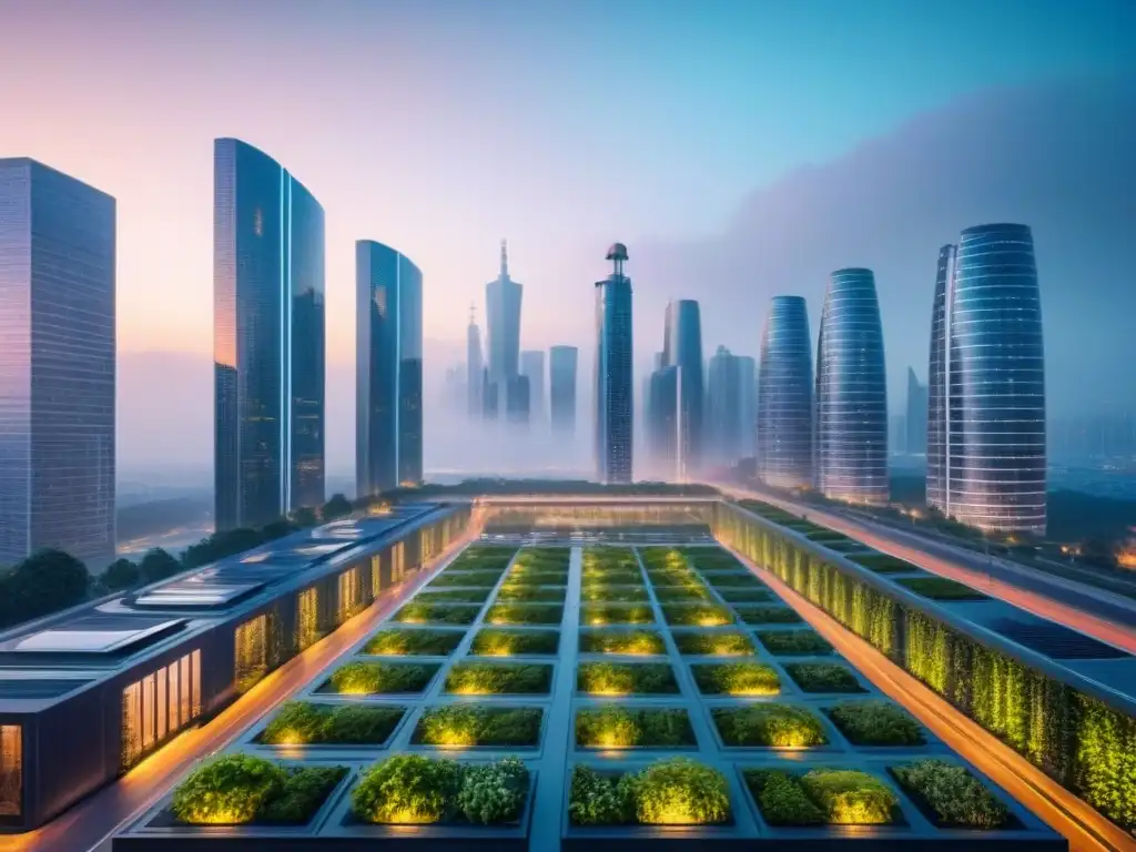 Horizonte urbano sostenible: ciudad futurista en armonía con la naturaleza Un horizonte urbano futurista al atardecer con rascacielos sostenibles y jardines verticales