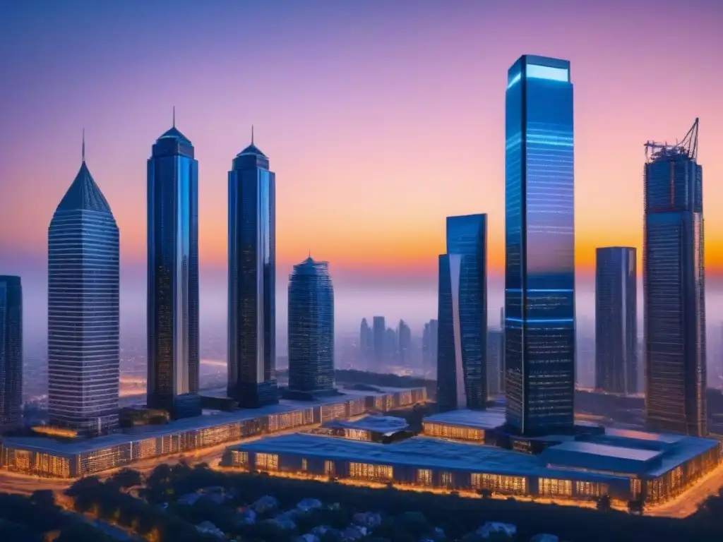 Metrópolis futurista: Transformación digital inmobiliaria al atardecer Un horizonte urbano futurista al atardecer, con rascacielos modernos iluminados y pantallas digitales mostrando datos inmobiliarios