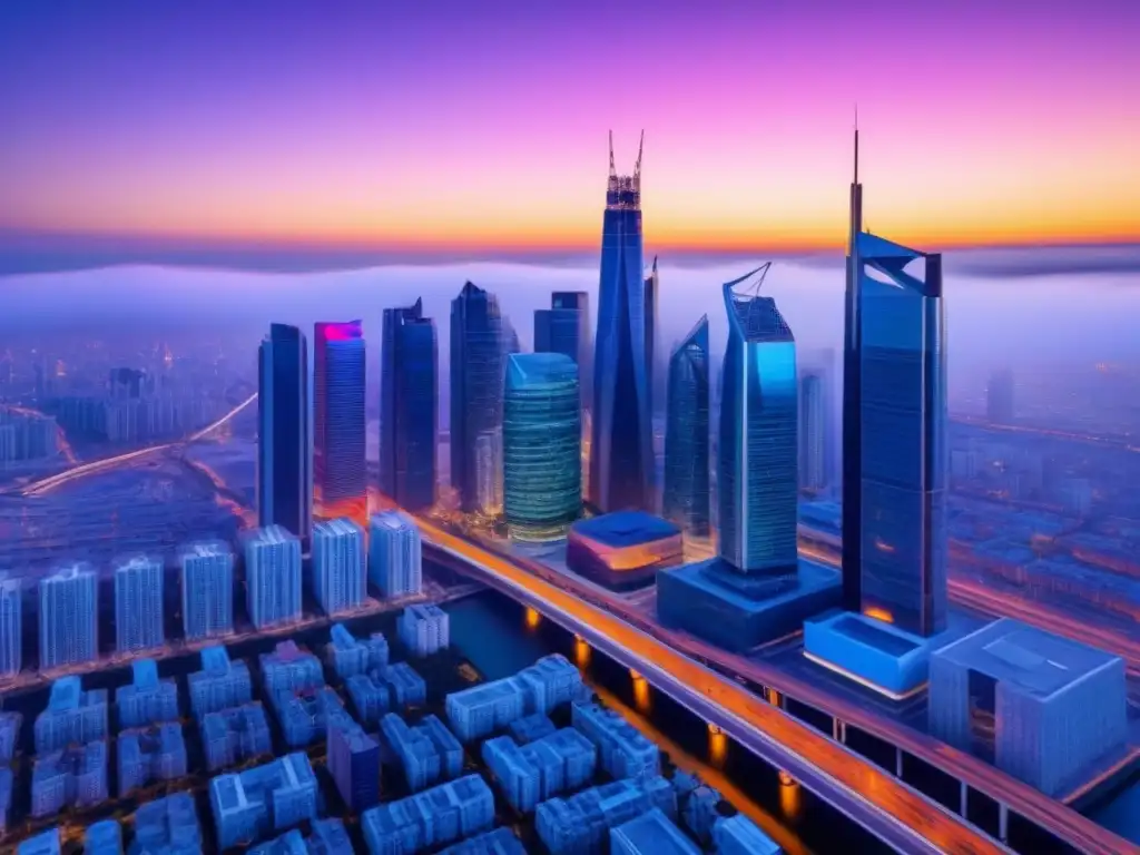 Metrópolis Futurista: Innovación Inmobiliaria en PropTech Horizonte urbano futurista al atardecer con rascacielos innovadores y puentes tecnológicos, reflejando las Plataformas PropTech mercado inmobiliario