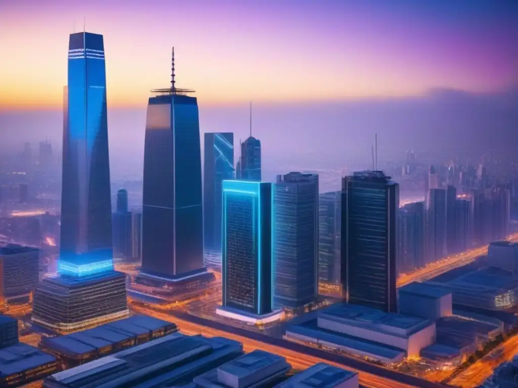 Metrópolis futurista: inversores globales conectados Un horizonte urbano futurista al atardecer, con rascacielos elegantes e innovadores iluminados por luces de neón