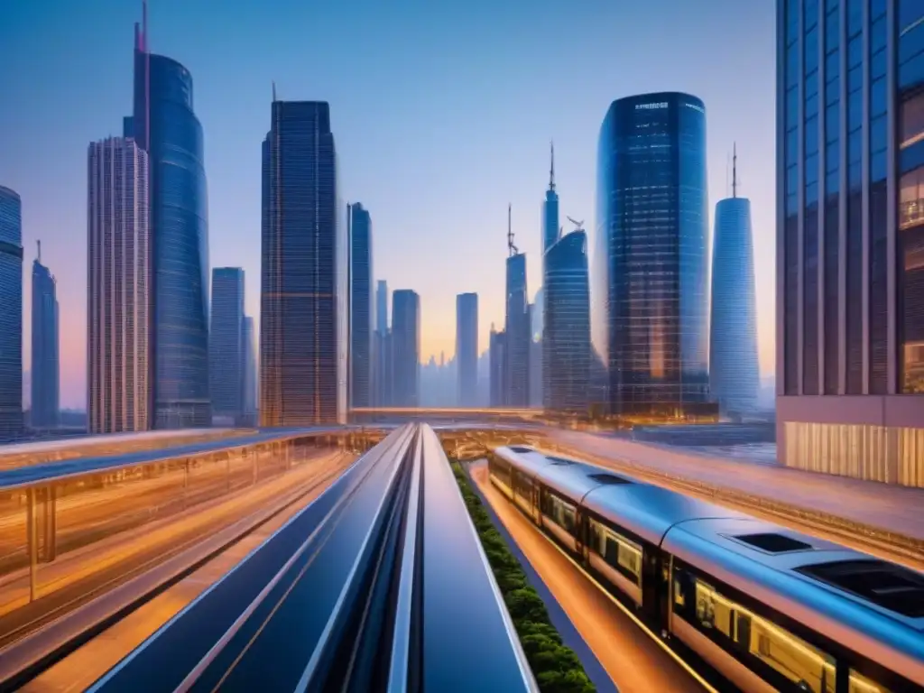 Metrópolis futurista: innovación y progreso en arquitectura urbana Un horizonte urbano futurista al atardecer, con rascacielos iluminados y sistemas de transporte avanzados