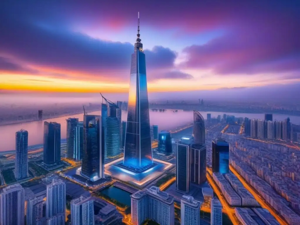 Metrópolis futurista al atardecer: oportunidades inmobiliarias para Millennials Un horizonte urbano futurista al atardecer, simbolizando oportunidades de inversión inmobiliaria internacional para Millennials