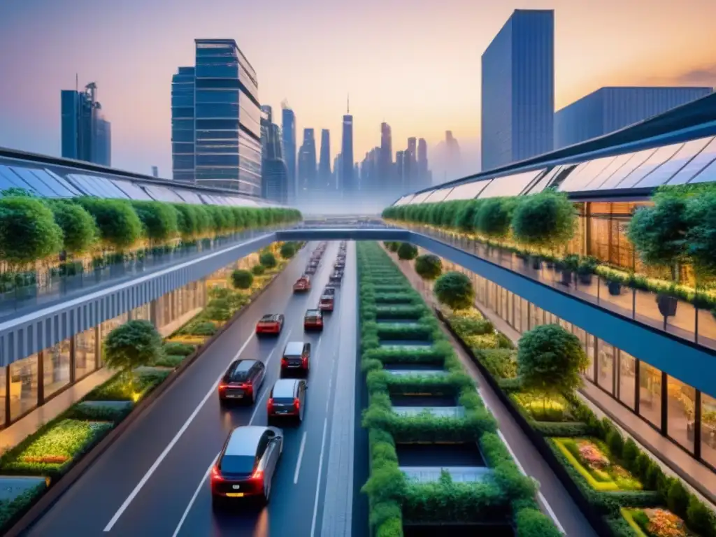 Metrópolis sostenible: armonía entre modernidad y naturaleza Un horizonte urbano futurista con diseño ecoeficiente y jardines en azoteas, reflejando el urbanismo sostenible ciudades globales