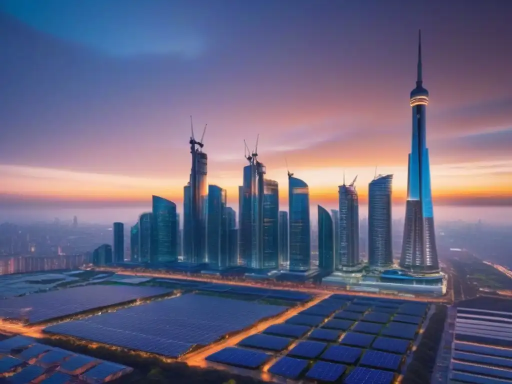 Horizonte urbano futurista: diseño innovador y sostenible Un horizonte urbano futurista con diseños innovadores y espacios verdes, reflejando impacto políticas sector inmobiliario emergentes