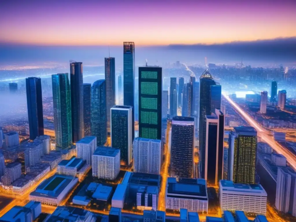 Blockchain en la ciudad del futuro: Transparencia inmobiliaria Horizonte urbano futurista con edificios transparentes integrando Blockchain en el mercado inmobiliario