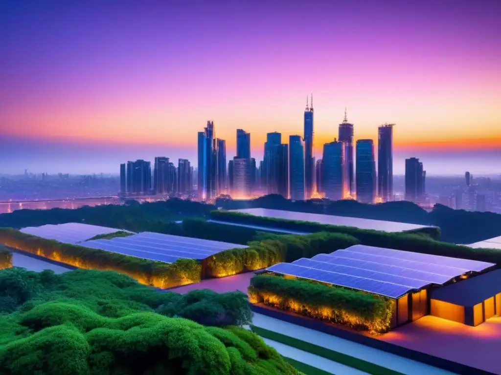 Horizonte sostenible: edificios certificados LEED y BREEAM iluminados con LEDs en una ciudad futurista y verde al anochecer Horizonte urbano futurista con edificios certificados LEED y BREEAM iluminados eco-friendly, rodeados de vegetación y paneles solares