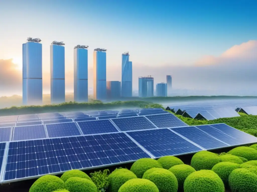 Metrópolis futurista: edificios verdes y tecnología sostenible Un horizonte urbano futurista con edificios verdes sostenibles integrados con la naturaleza, tecnologías avanzadas y cielo azul, simbolizando la coexistencia armoniosa de proyectos inmobiliarios con el entorno ante los desafíos del cambio climático y su impacto financiero