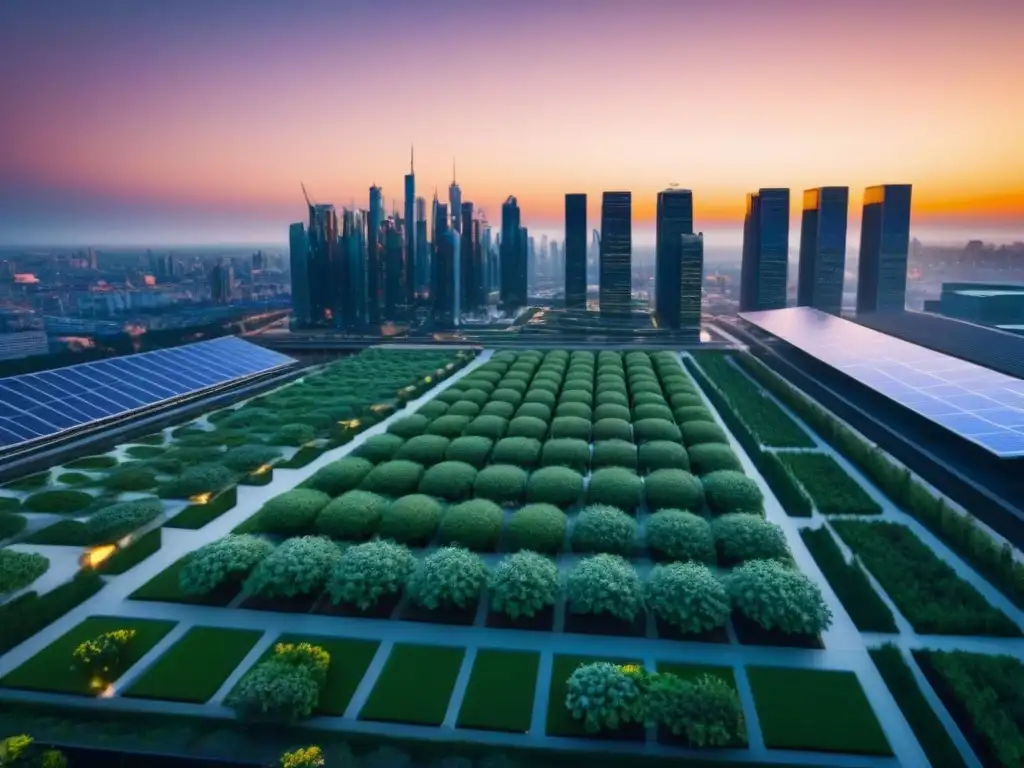 Horizonte urbano futurista: arquitectura sostenible y naturaleza exuberante Horizonte urbano futurista al anochecer con edificios certificados LEED y BREEAM, jardines en los techos y diseño ecoeficiente