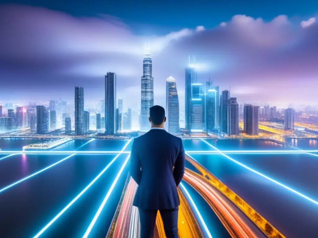 Horizonte urbano futurista con edificios interconectados y tecnología blockchain, transacciones inmobiliarias en tiempo real