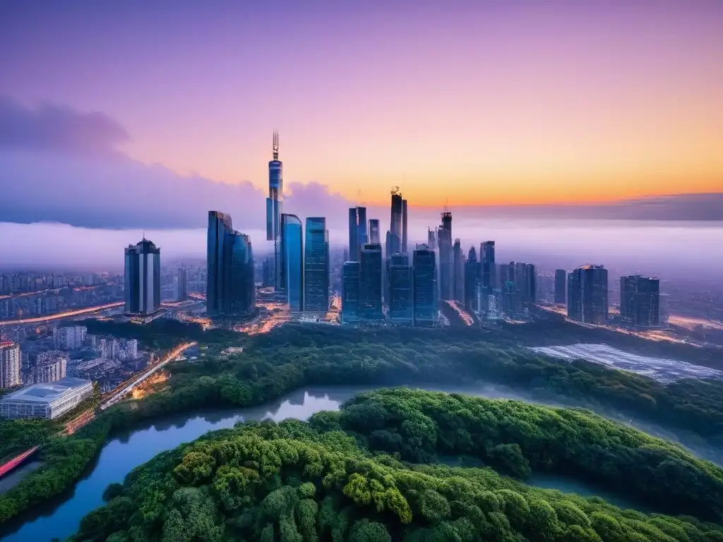 Horizonte urbano futurista con tecnología eco en crepúsculo Un horizonte urbano futurista con iluminación eficiente en los edificios globales al anochecer