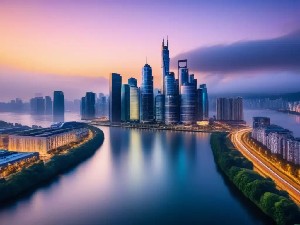 Inversión inmobiliaria: Futuro brillante en la ciudad nocturna Un horizonte urbano futurista iluminado por luces vibrantes, reflejadas en un río tranquilo al atardecer