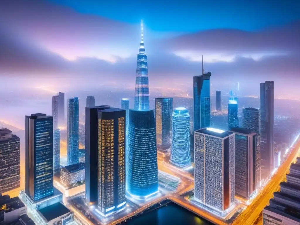 Visión aérea de ciudad futurista con blockchain en real estate Un horizonte urbano futurista iluminado por tecnología blockchain, mostrando beneficios para inversores inmobiliarios
