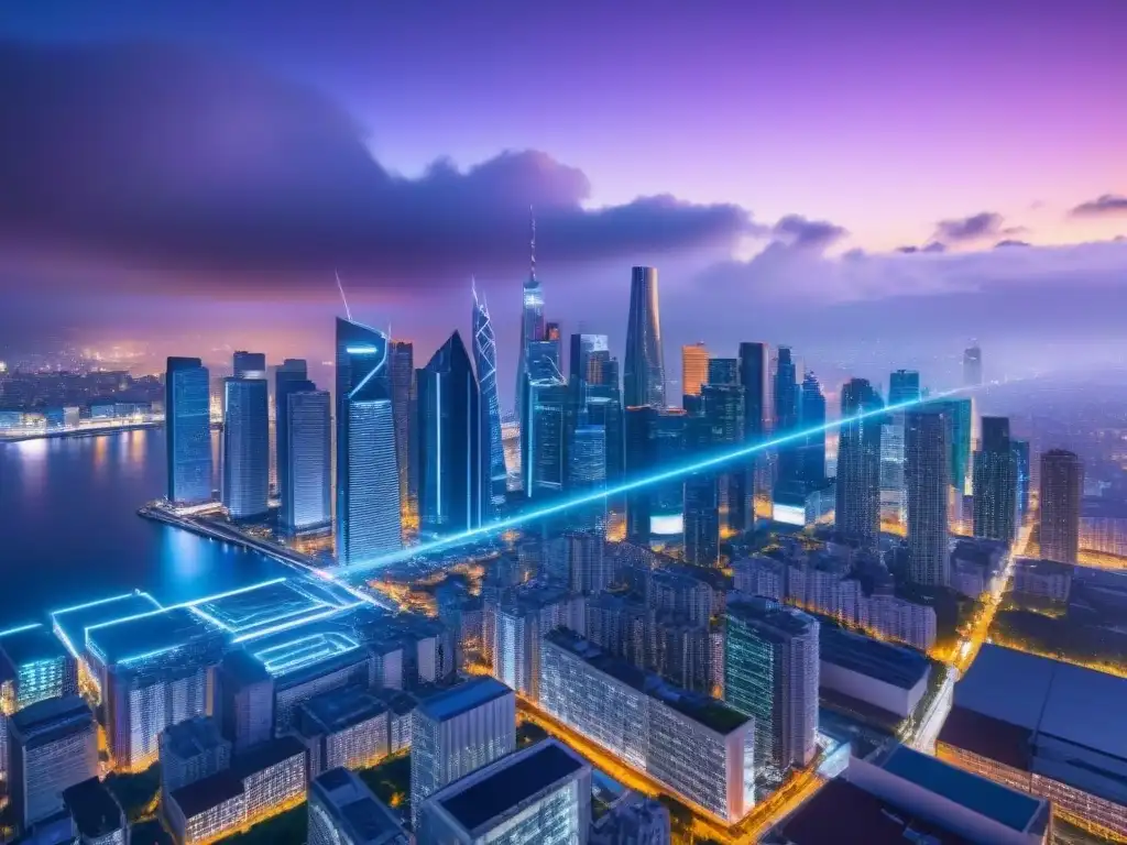 Metrópolis futurista: ciberseguridad inmobiliaria Un horizonte urbano futurista iluminado por luces de neón, con datos brillantes que representan la seguridad cibernética en inversiones inmobiliarias