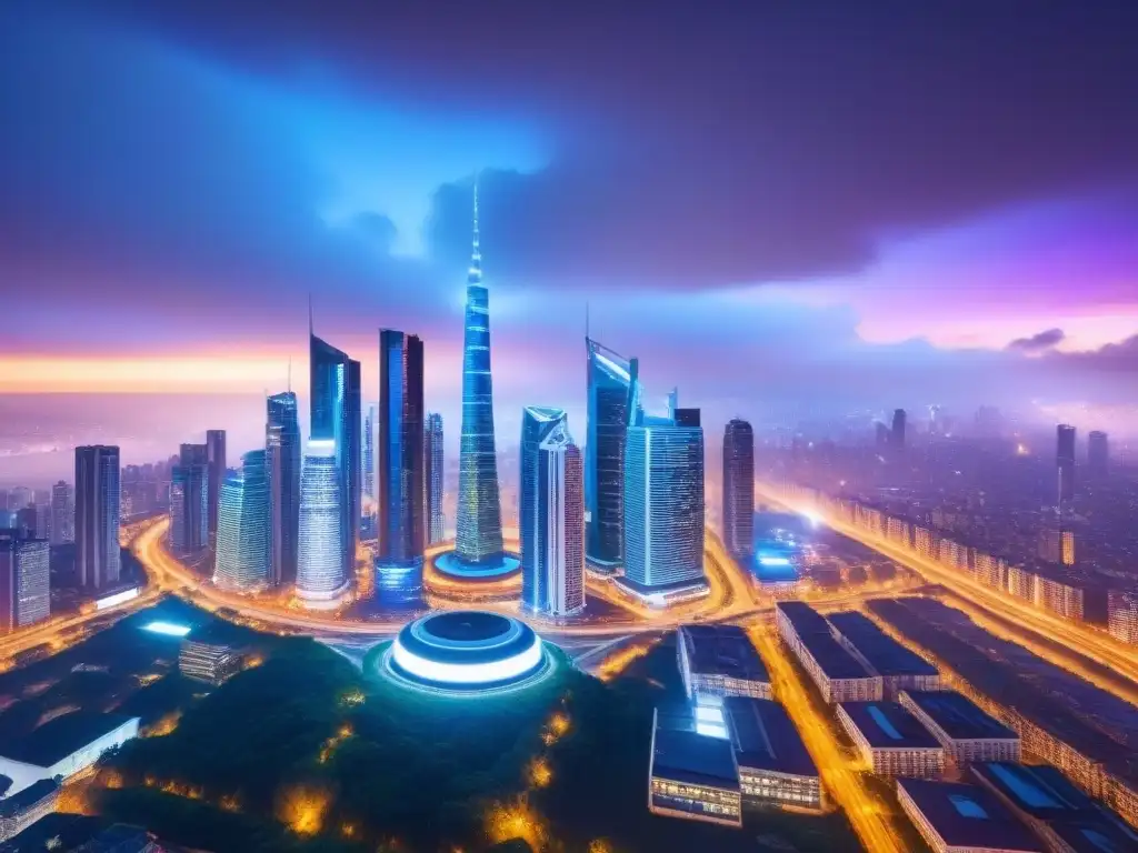 Metrópolis futurista: luces y arquitectura innovadora Un horizonte urbano futurista iluminado con luces vibrantes, simbolizando el cruce de inversiones inmobiliarias internacionales e inteligencia artificial
