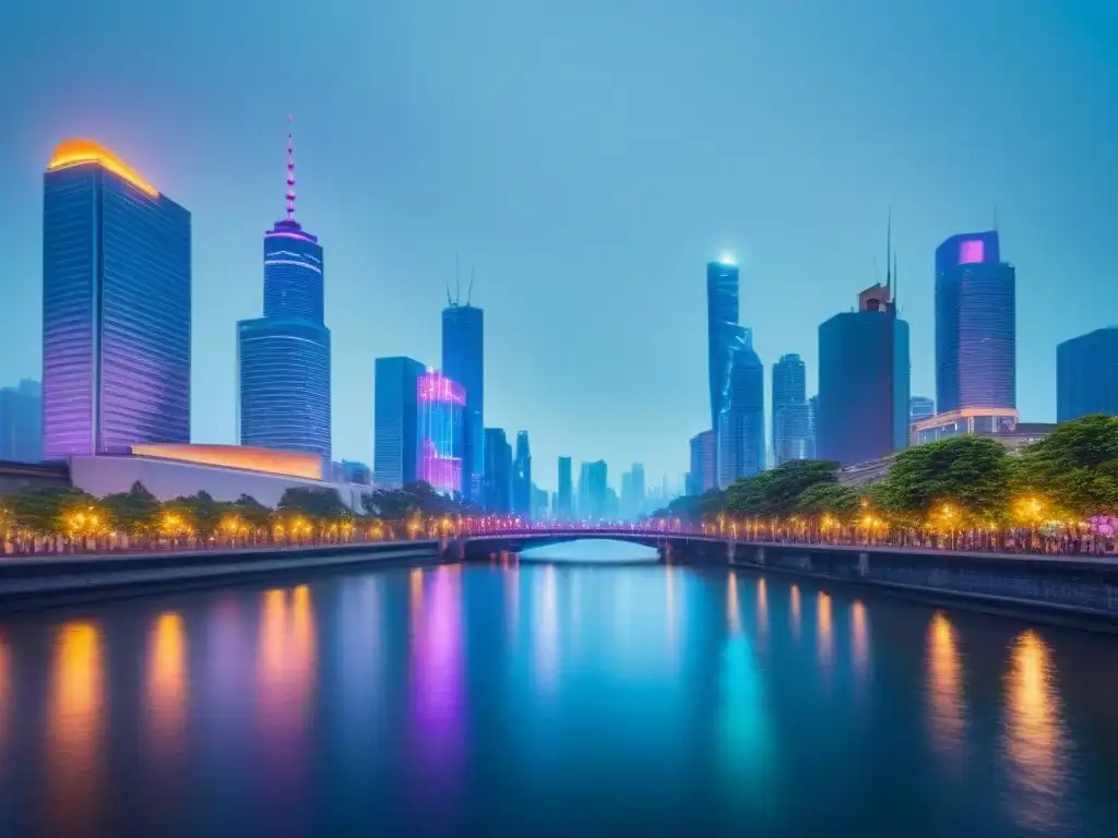 Metrópolis futurista: luces y arquitectura moderna junto al río Un horizonte urbano futurista iluminado con luces coloridas, reflejándose en un río sereno