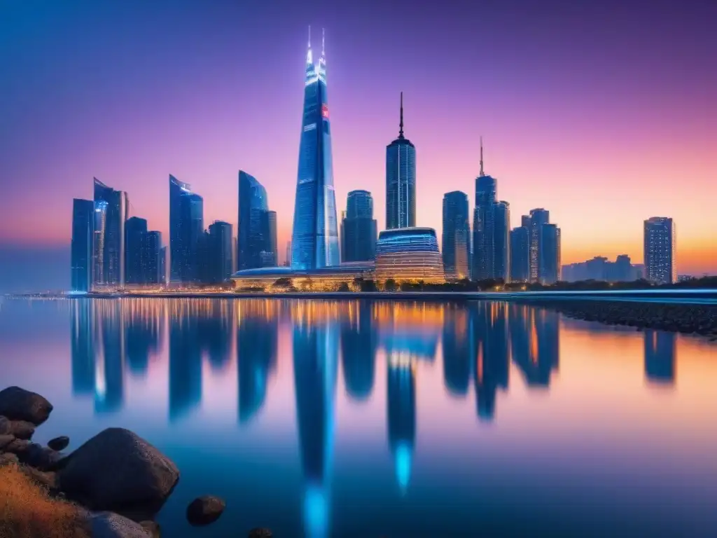 Horizonte urbano futurista: arquitectura innovadora en ciudad al anochecer Un horizonte urbano futurista iluminado al anochecer, reflejado en un río, simbolizando el mercado inmobiliario