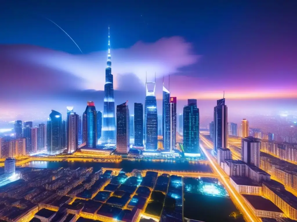 Metrópolis futurista: luces vibrantes en la noche estrellada Un horizonte urbano futurista iluminado por luces vibrantes en la noche, reflejando la psicología inmobiliaria mercado internacional