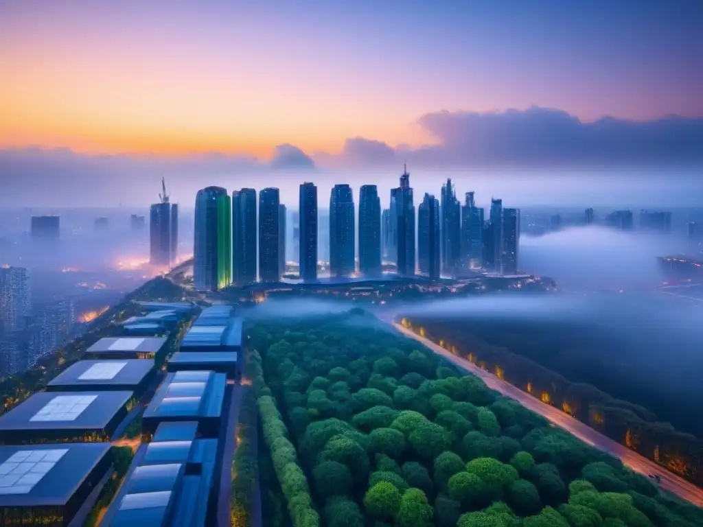 Horizonte urbano sostenible con certificación LEED y BREEAM al anochecer Horizonte urbano futurista con impacto económico, certificaciones LEED y BREEAM integradas en diseño sostenible al anochecer