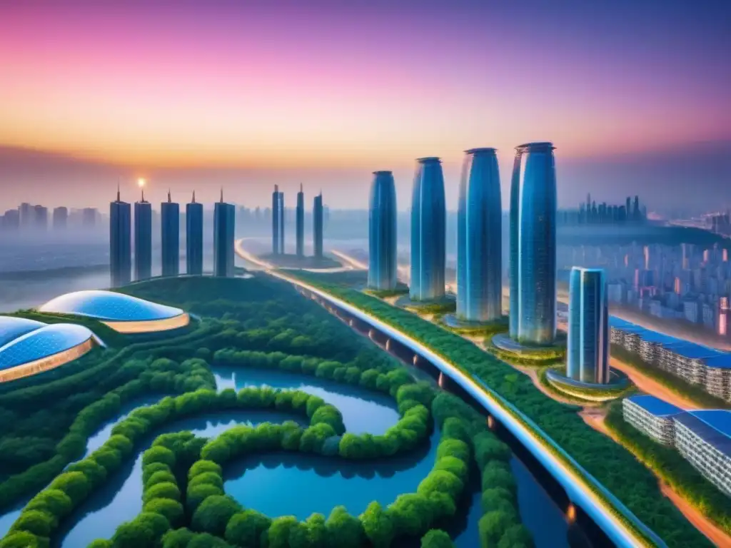 Metrópolis futurista: rascacielos verdes y sostenibles Un horizonte urbano futurista integrado con normativas ambientales inversión inmobiliaria internacional
