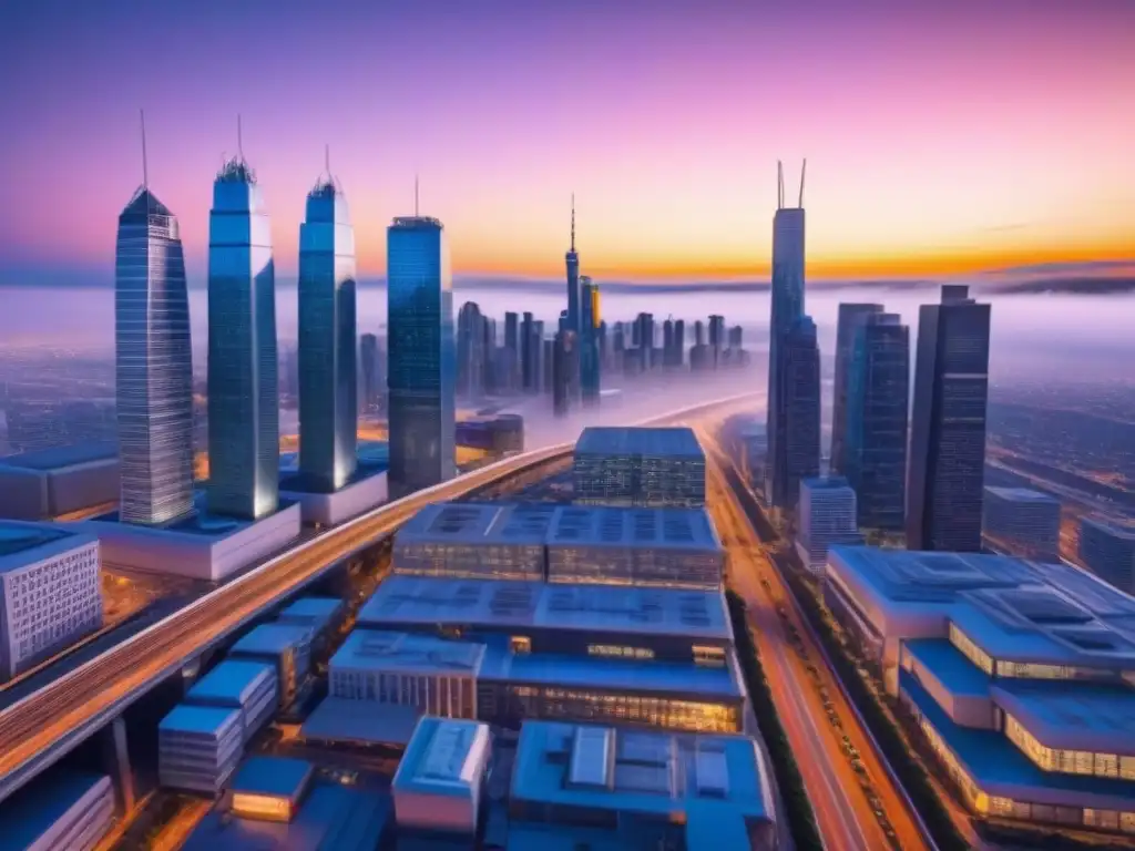 Metrópolis futurista: atardecer en la ciudad del mañana Un horizonte urbano futurista al anochecer, reflejando la transformación del mercado inmobiliario internacional postindustrial