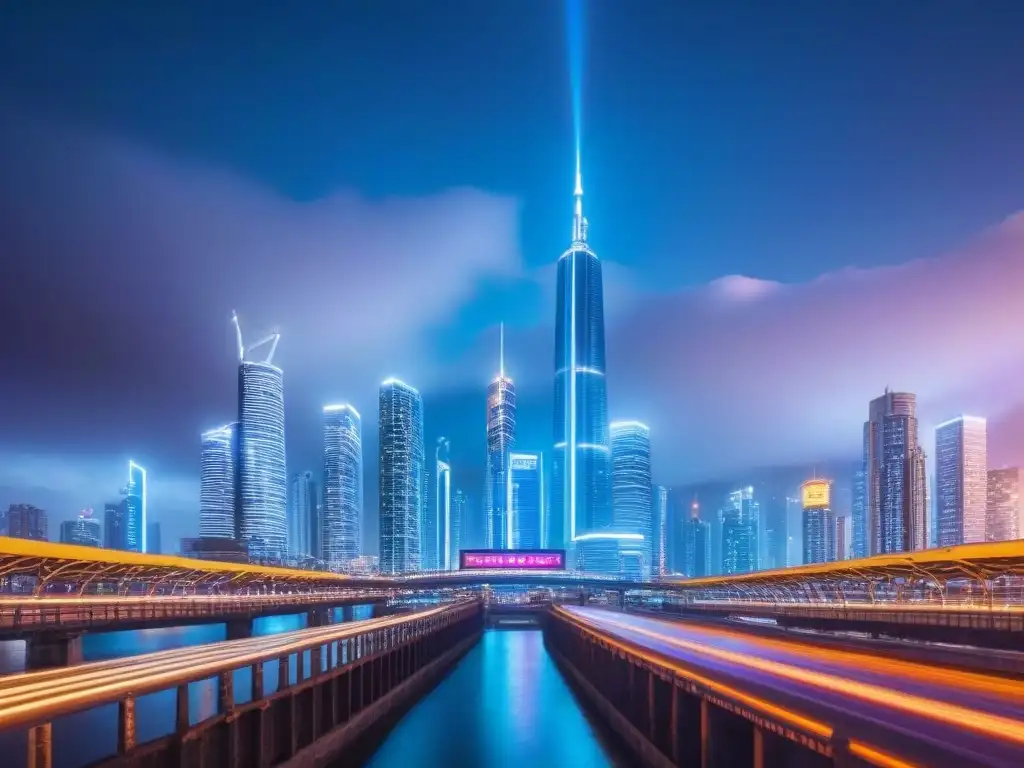 Metrópolis futurista: datos inmobiliarios y tecnología AI Horizonte urbano futurista en la noche con luces de neón y hologramas de datos inmobiliarios