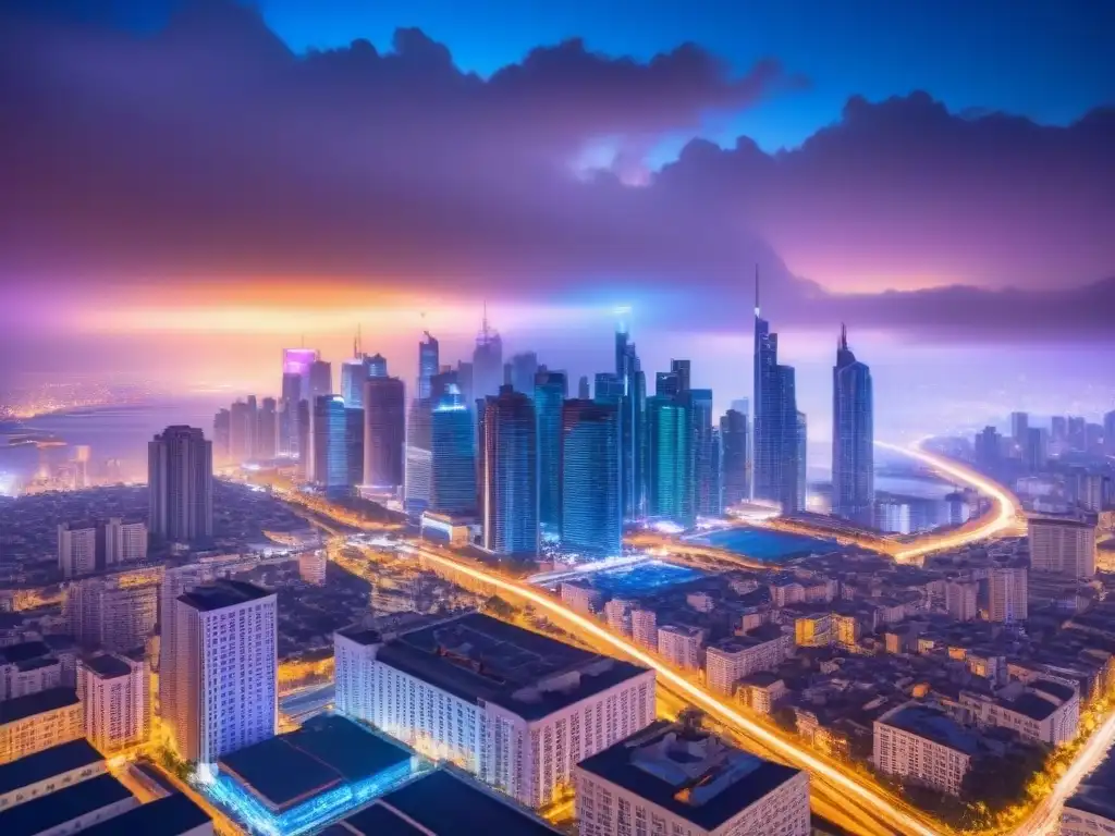 Ciudad futurista: luces neón y seguridad digital Horizonte urbano futurista de noche con luces neón, candados digitales sobre edificios