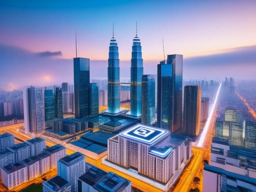Skyline futurista con blockchain: innovación inmobiliaria Horizonte urbano futurista con patrones digitales blockchain, reflejando la regulación blockchain en el sector inmobiliario