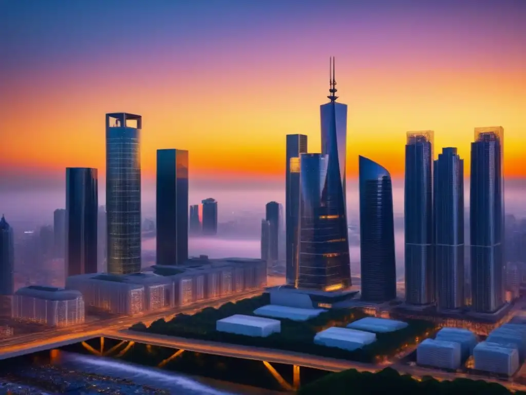 PropTech: Horizonte futurista de la ciudad al atardecer Horizonte urbano futurista con rascacielos al atardecer, reflejando historias de éxito inversores PropTech