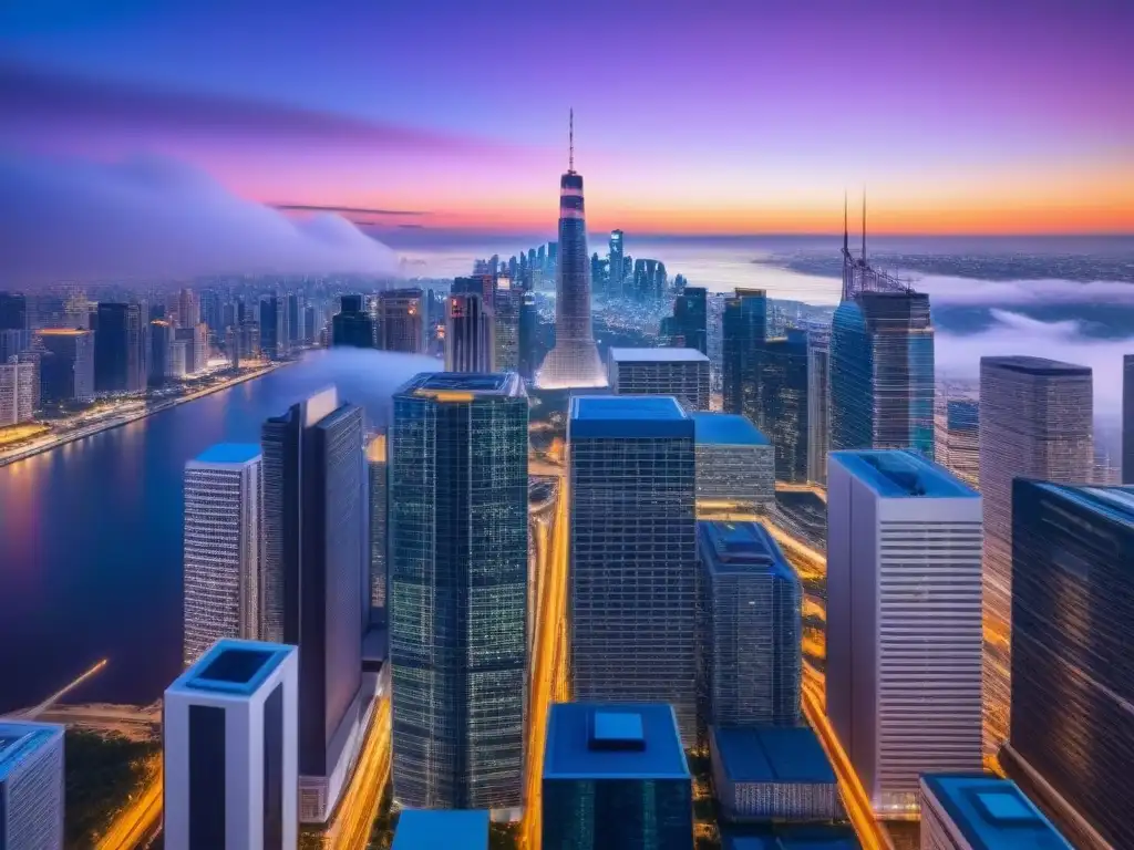 Skyline futurista: ciberseguridad en bienes raíces Horizonte urbano futurista con rascacielos iluminados simbolizando seguridad cibernética en inversiones inmobiliarias