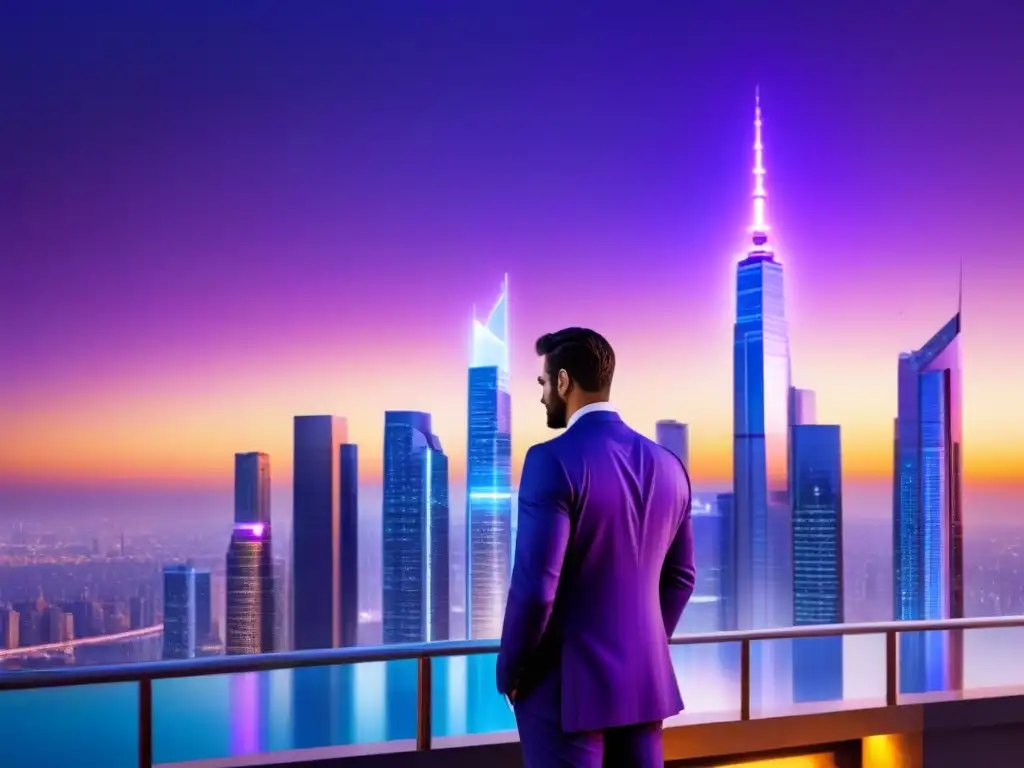 Metrópolis futurista en atardecer púrpura con criptomonedas Un horizonte urbano futurista con rascacielos relucientes bajo un atardecer morado