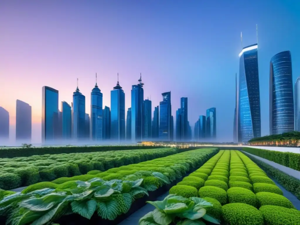 Horizonte futurista: arquitectura sostenible y vanguardista Horizonte urbano futurista al anochecer con rascacielos vanguardistas y Plataformas PropTech en mercado inmobiliario