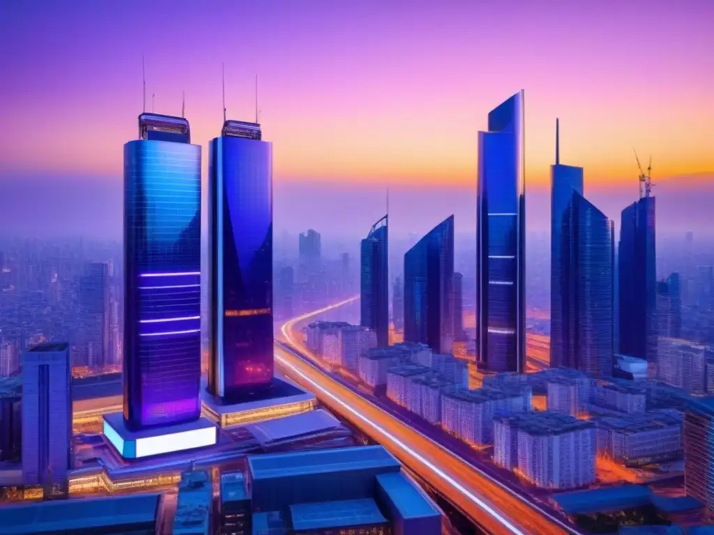 Metrópolis futurista: innovación y progreso en el mundo de PropTech Un horizonte urbano futurista al anochecer con rascacielos relucientes y sistemas de transporte avanzados integrados