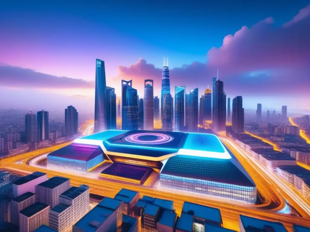 Horizonte futurista: criptomonedas y rascacielos en neon Un horizonte urbano futurista con rascacielos iluminados por luces de neón, reflejando el cruce de criptomonedas en mercado inmobiliario internacional